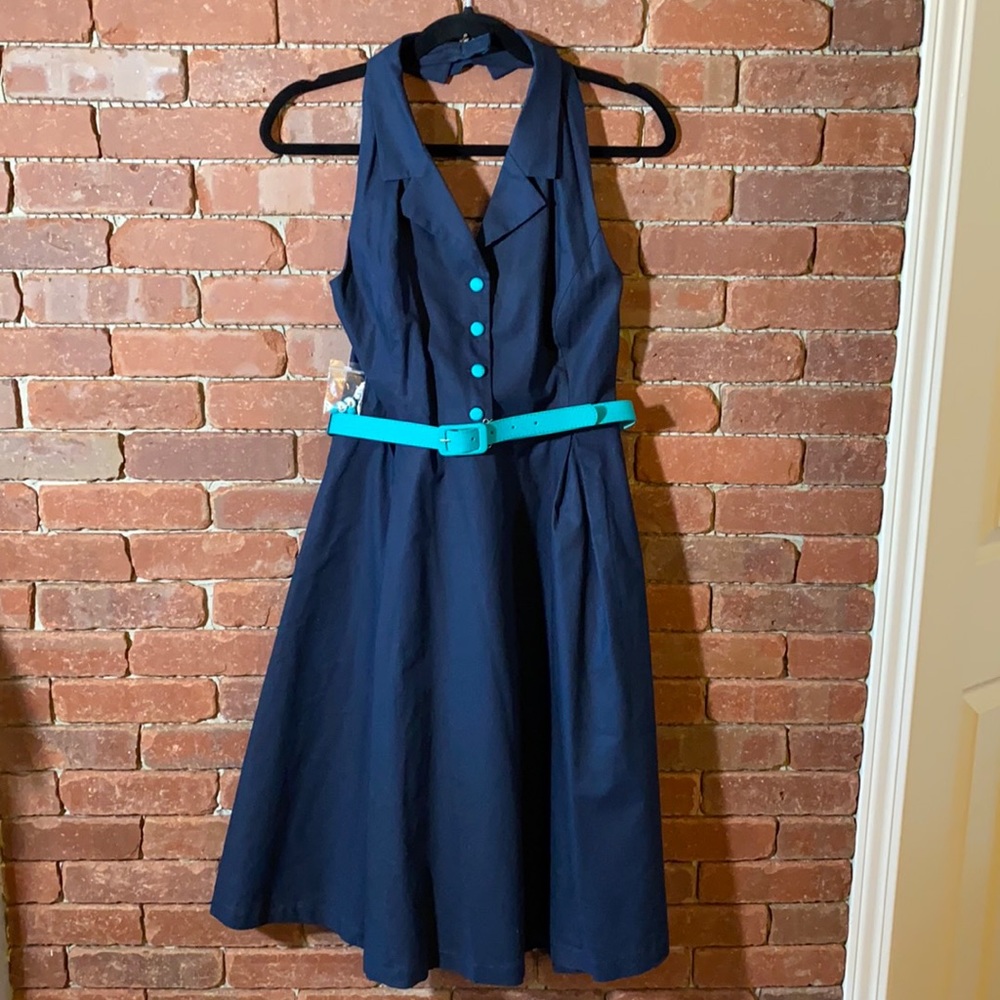 ModCloth Halter Navy and Turquoise Dress size L